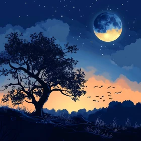 Night Scene with Tree and Moon