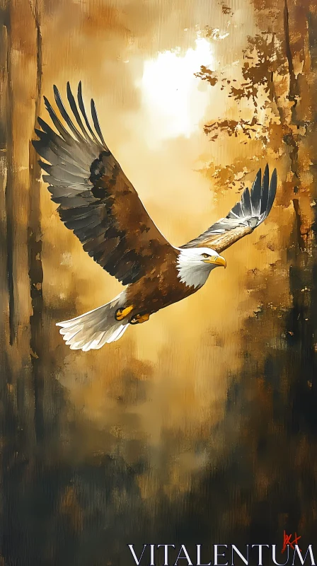 Soaring Eagle in Golden Forest AI Image