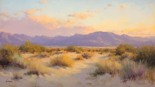 Sunset Over Desert Dunes and Mountains