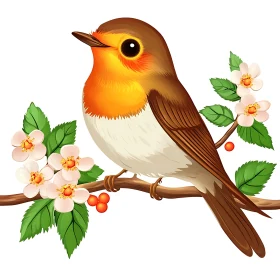 Cartoon Robin with Flowers on Branch