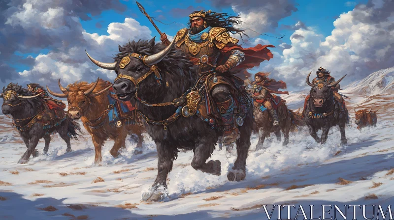 Warriors on Bulls in Winter Landscape AI Image