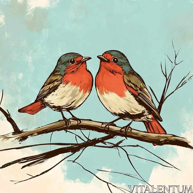 Pair of Robins on a Limb AI Image