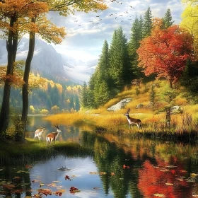 Deer by an Autumn Lake in a Mountainous Forest