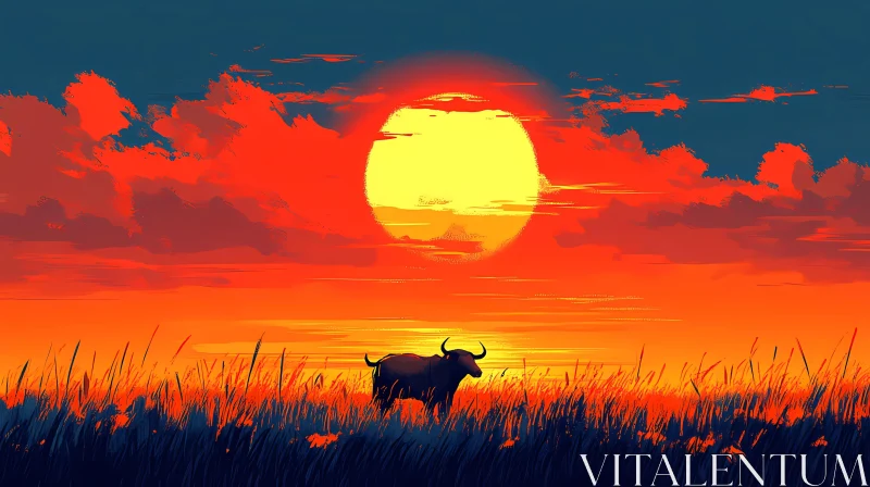 Bull at Sunset in Field AI Image