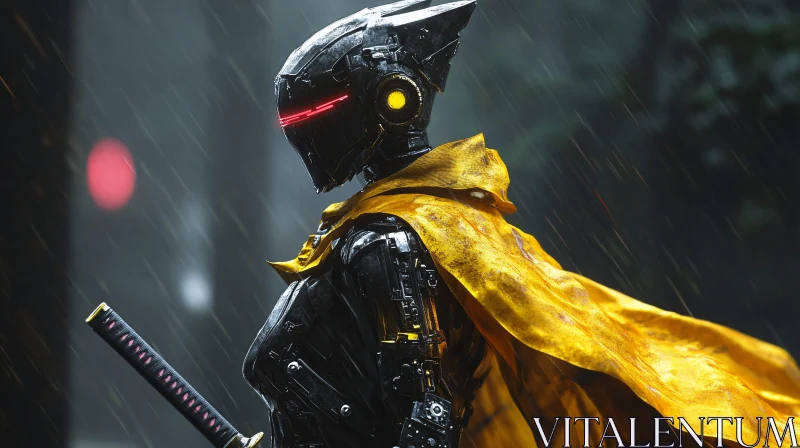 AI ART Robotic Warrior in the Rain