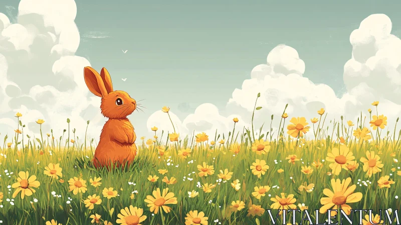 AI ART Bunny in a Field of Yellow Flowers