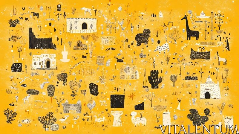 Illustrative Yellow Scene with Animals and Buildings AI Image