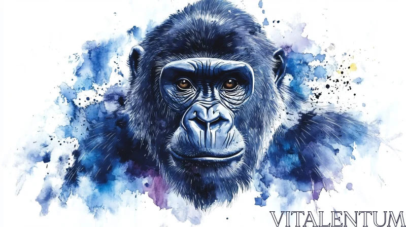 Blue Watercolor Gorilla Portrait AI Image