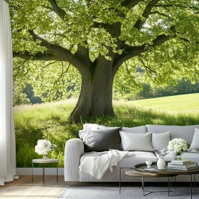 Living Room with Lush Tree Mural and Elegant Design