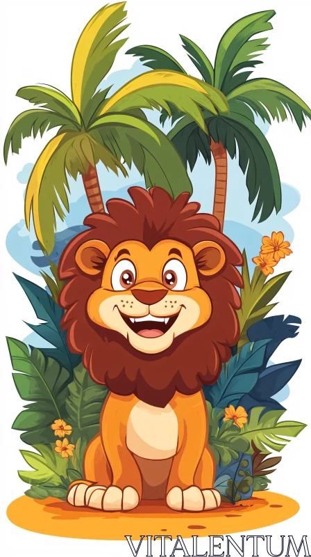 Playful Lion in Lush Foliage AI Image