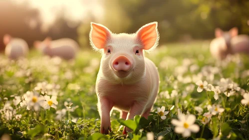 Charming Piglet in Flower Field