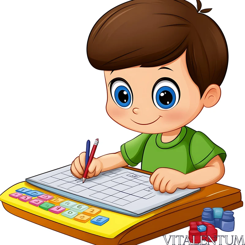 Illustration of a Boy at His Desk AI Image