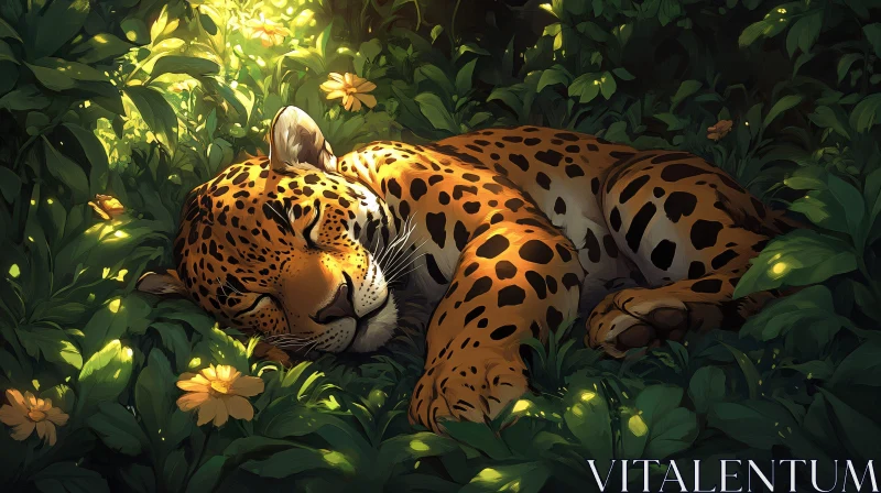 Leopard Resting among Sunlit Foliage AI Image