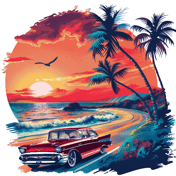 Retro Beach Sunset with Classic Car T-Shirt Design POD Design