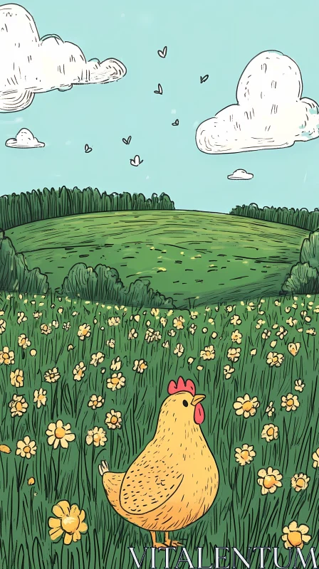 Illustrative Field Scene with Chicken AI Image