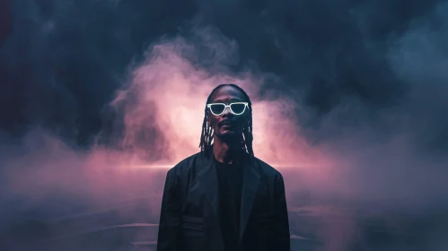 Snoop Dogg Amidst Enigmatic Smoke with Luminous Glasses