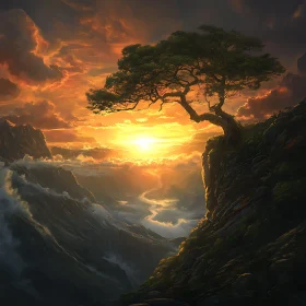 Sunset Landscape with Solitary Tree