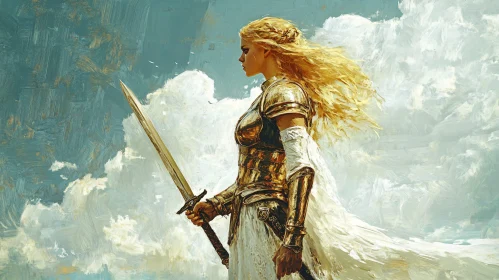 Golden Armored Woman Against Cloudy Sky