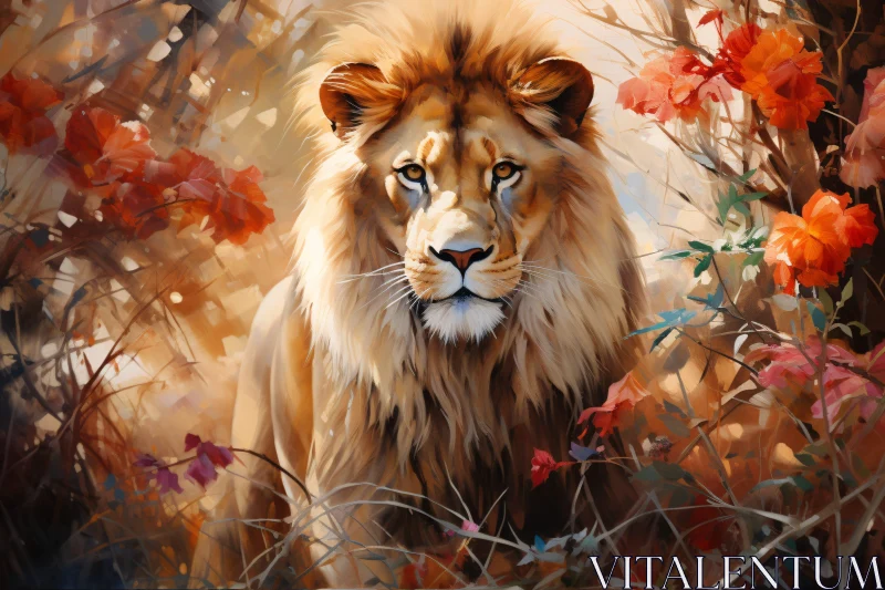 AI ART Lion Portrait with Floral Accents