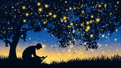 Man Under Starry Tree Illustration