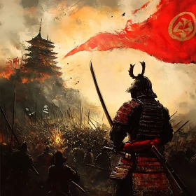 Japanese Samurai Warrior in Battle Scene