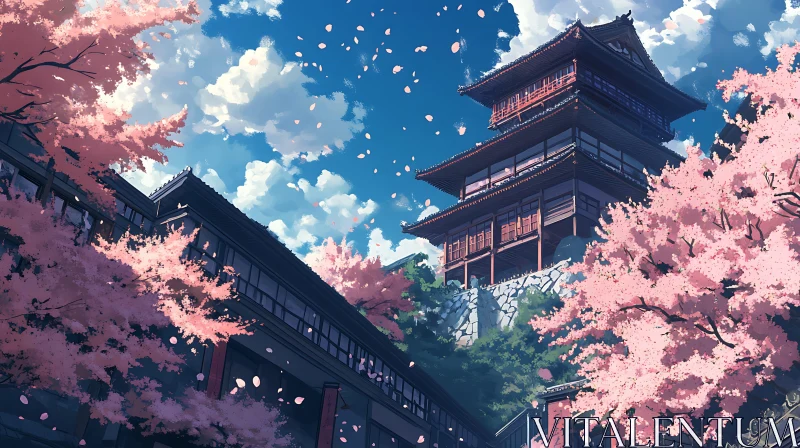 AI ART Traditional Pagoda with Sakura in Bloom