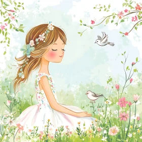 Floral Girl with Bird Friends Artwork