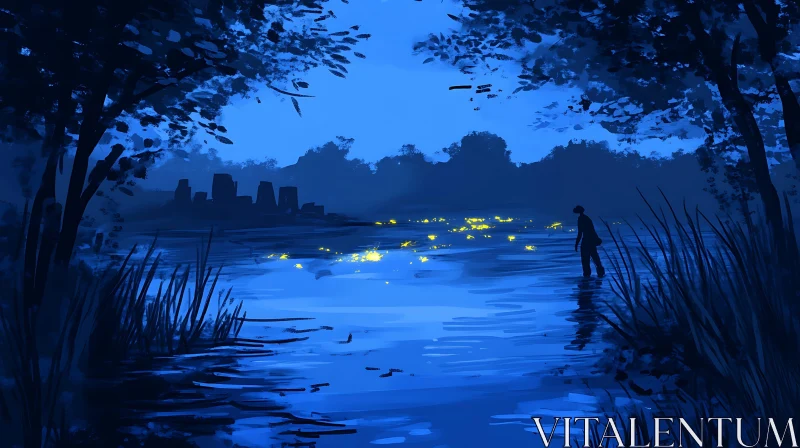 AI ART Blue Night Water Solitude Painting