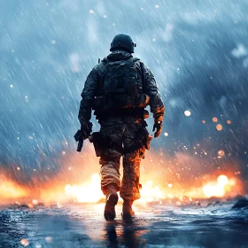 Lone Soldier in Rainy Battlefield