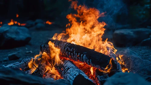 Close-Up of a Brightly Burning Campfire