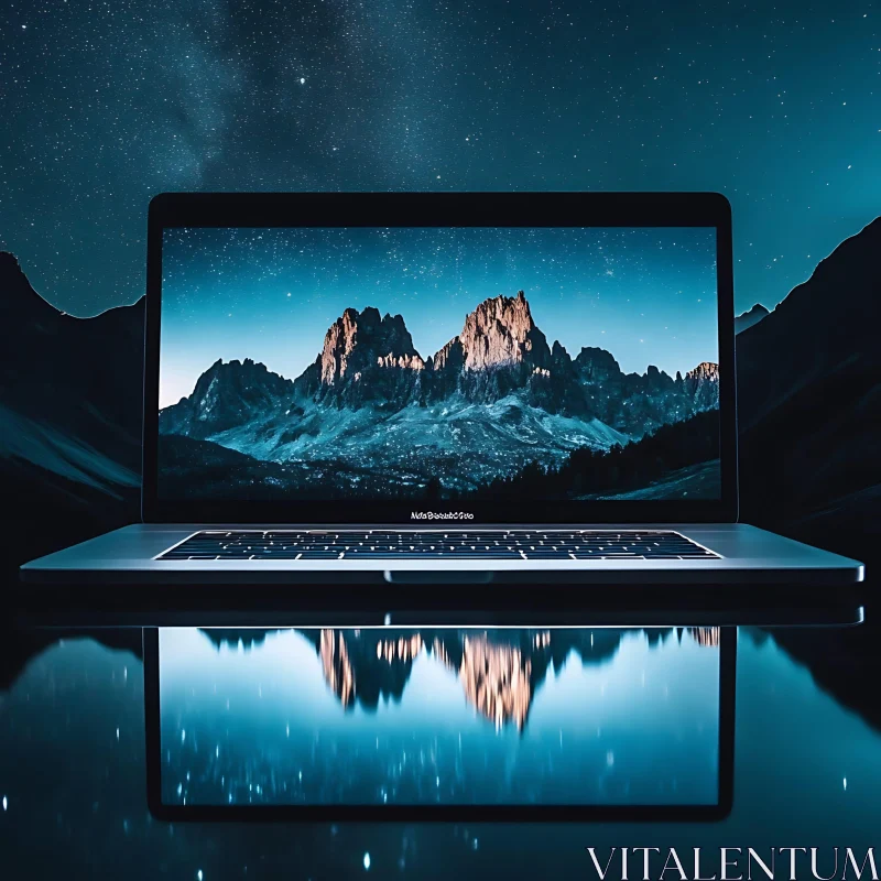 Mountain and Starry Night Reflection on Laptop AI Image