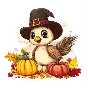 Autumn Bird with Pumpkins