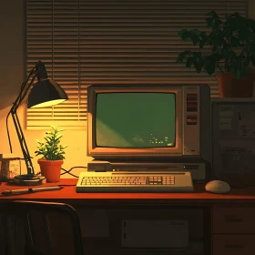 Retro Workspace with Classic Computer and Desk Lamp