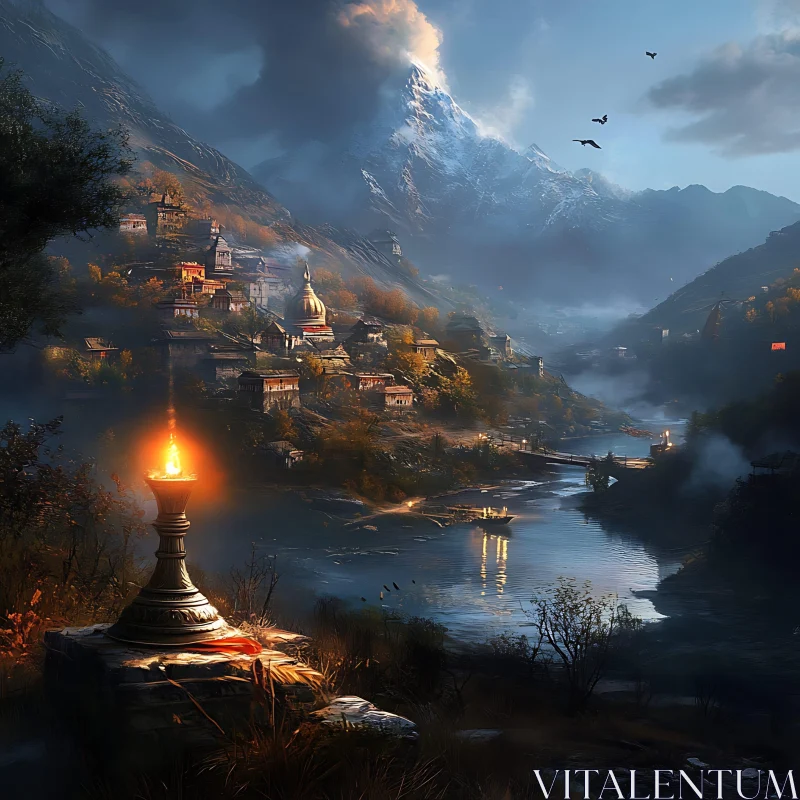 Candlelit Village Mountain Vista AI Image