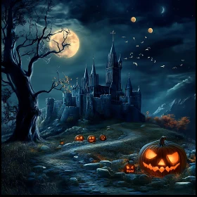 Spooky Castle with Glowing Pumpkins