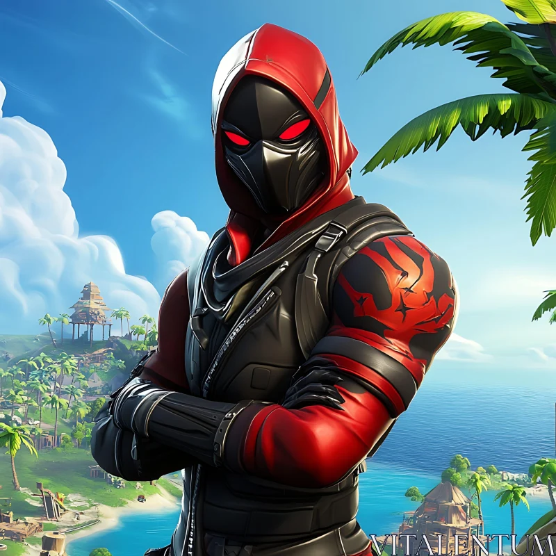 Red Suited Character on Tropical Island AI Image