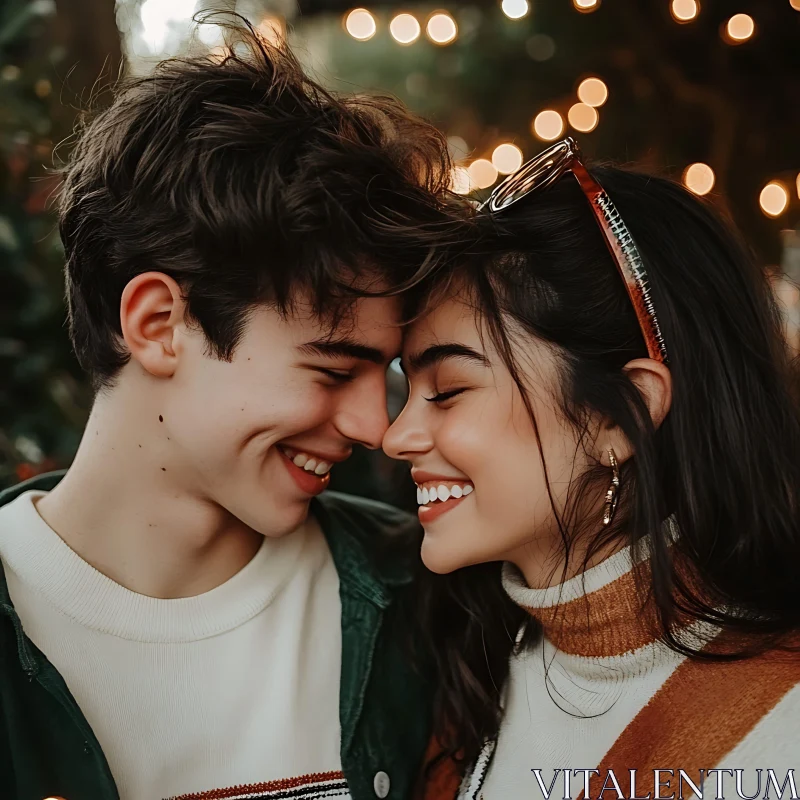 Joyful Couple Portrait with Bokeh Lights AI Image