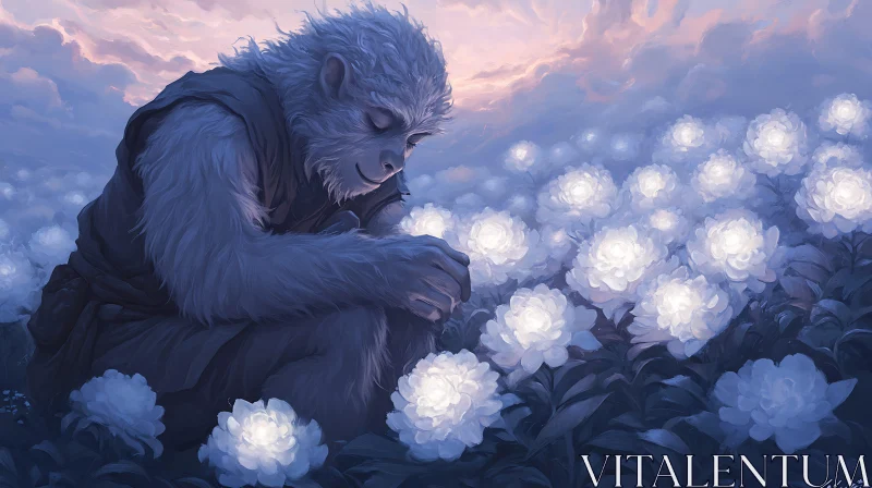 AI ART Serene Monkey Amongst Glowing Flowers