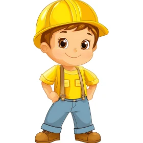 Young Cartoon Builder with Hard Hat