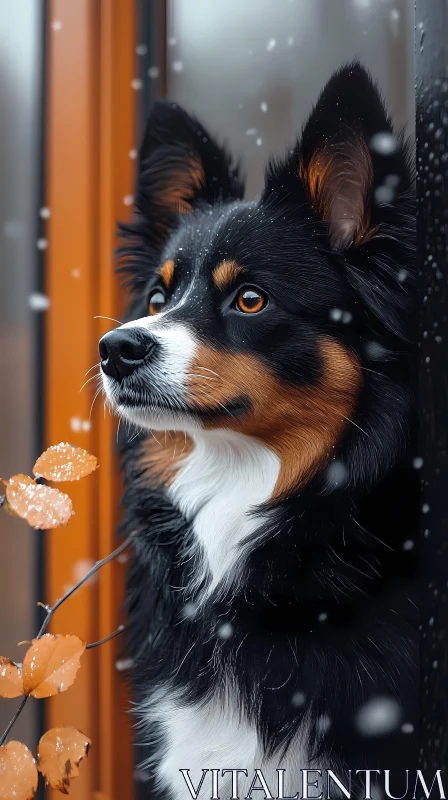 Fluffy Dog at the Window in Snow AI Image