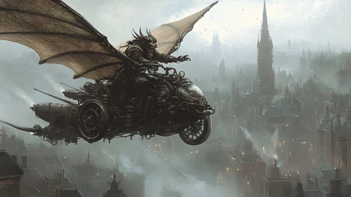 Steampunk Dragon Rider Soaring Above the City