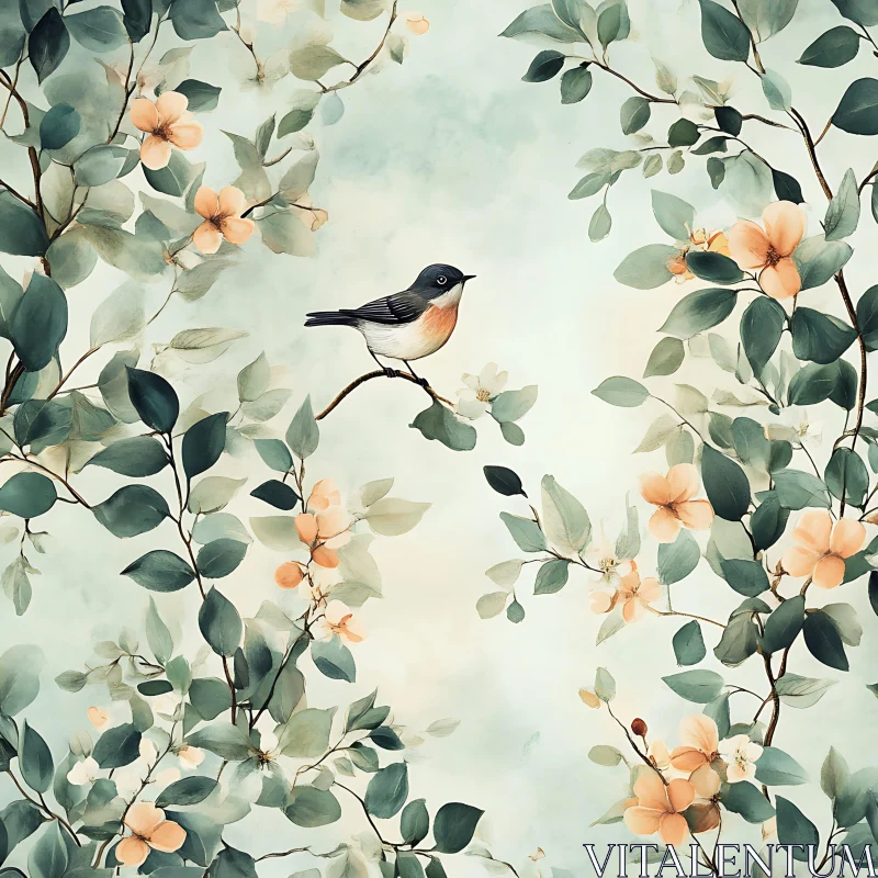 Peaceful Bird Among Blossoms AI Image