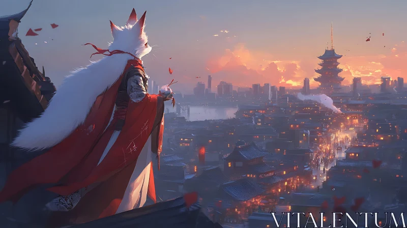 Sunset Gaze of the Fox Spirit AI Image