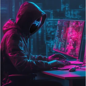 Hacker Working on Cybersecurity Code in Neon Lights