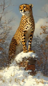 Cheetah on Snowy Pedestal