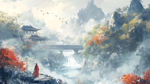 Serene Asian Landscape with Waterfall