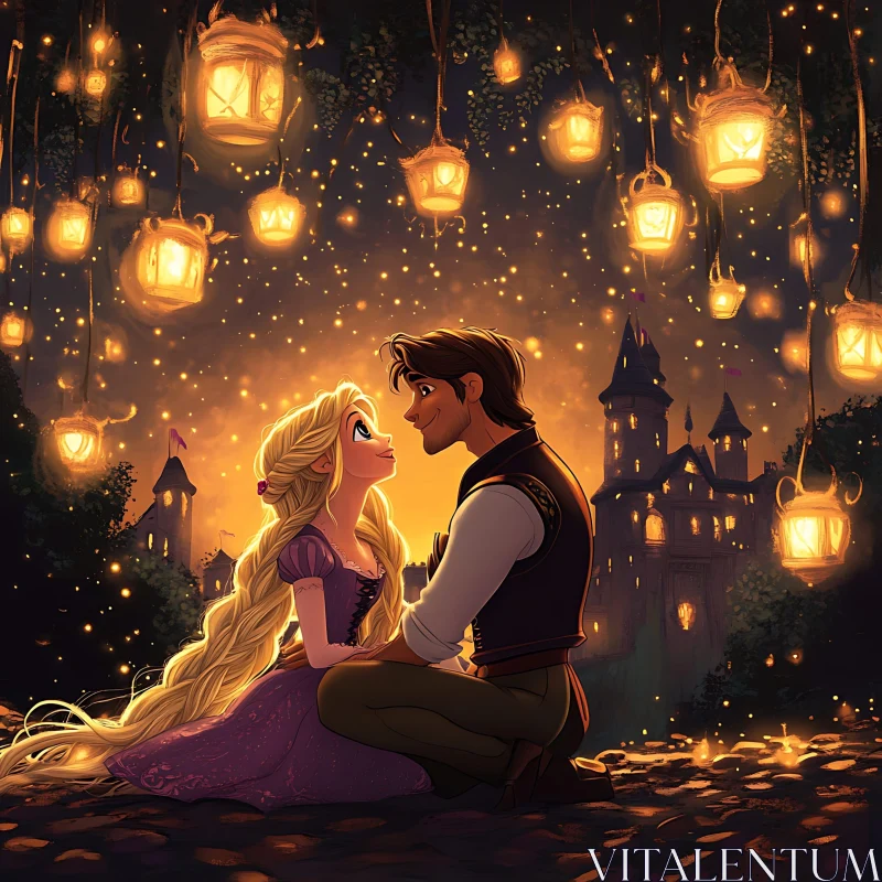 Couple Under Lanterns with Castle Backdrop AI Image