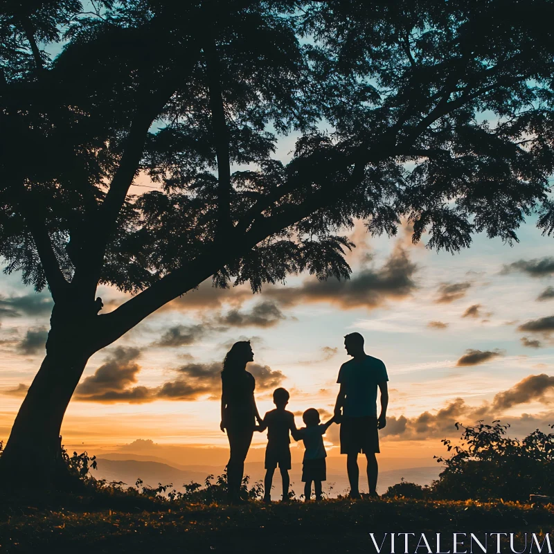 AI ART Sunset Family Silhouette Under Tree