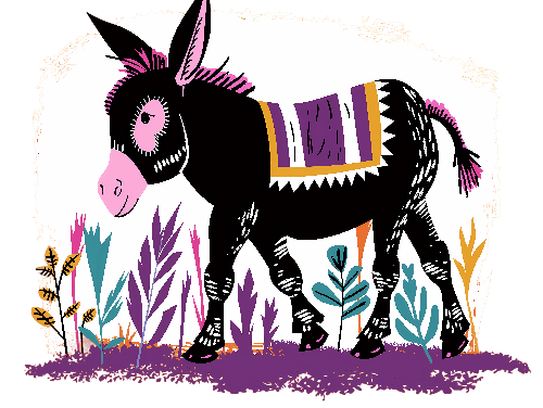 Charming Cartoon Donkey with Purple Mane and Colorful Blanket POD Design