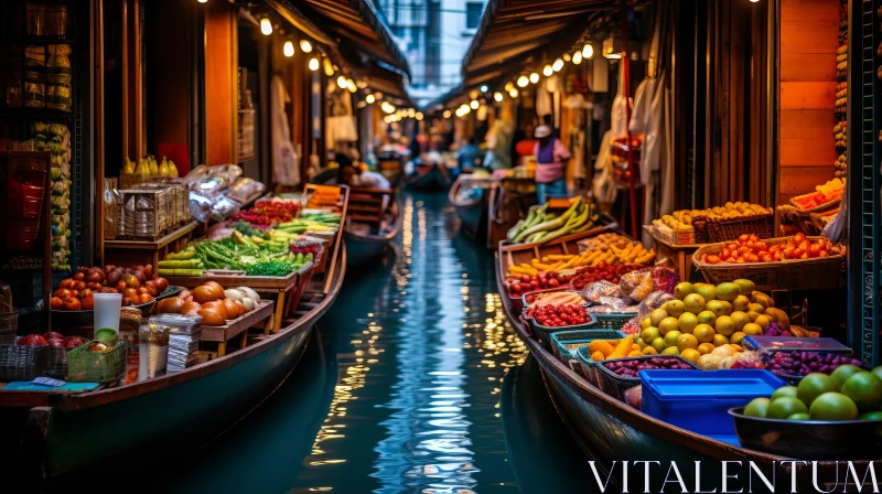 Colorful Market Stalls on Paddle Boats in Canal AI Image